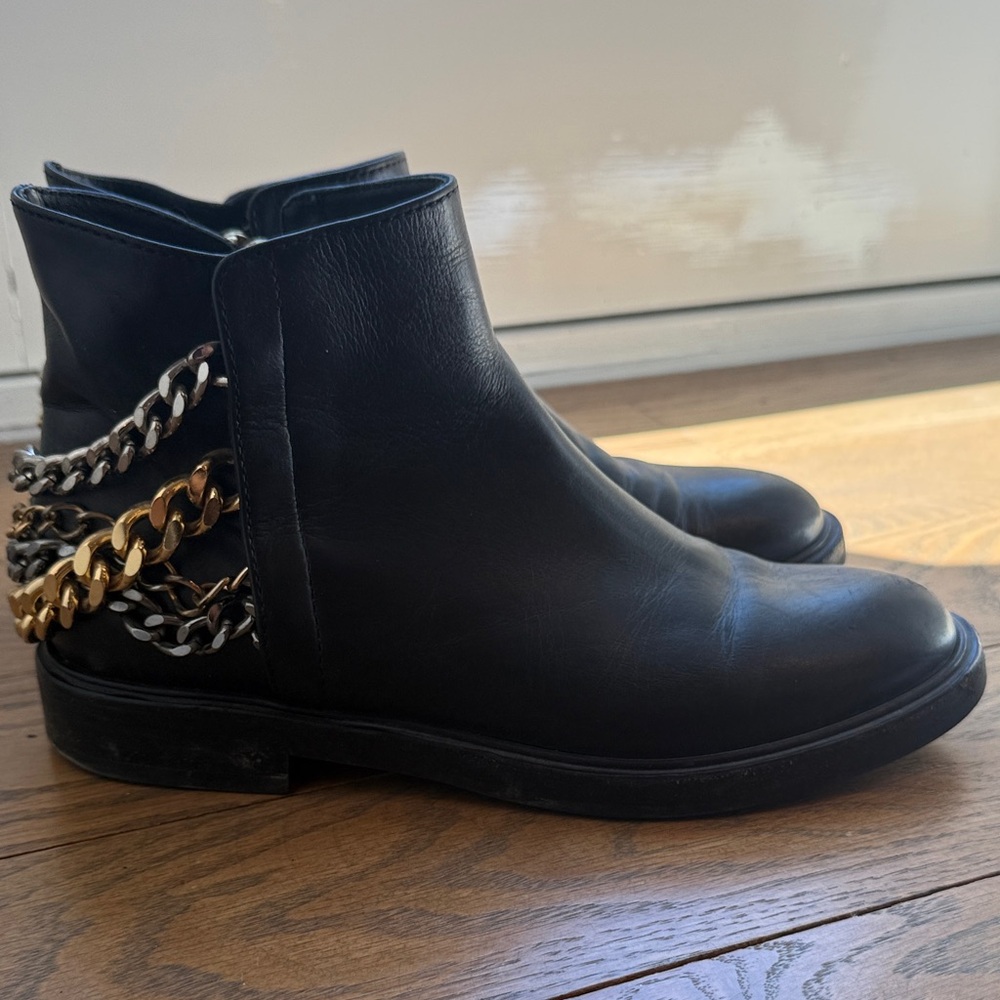 Casadei Black Leather Ankle Boots with Mixed Metal Chain Trim